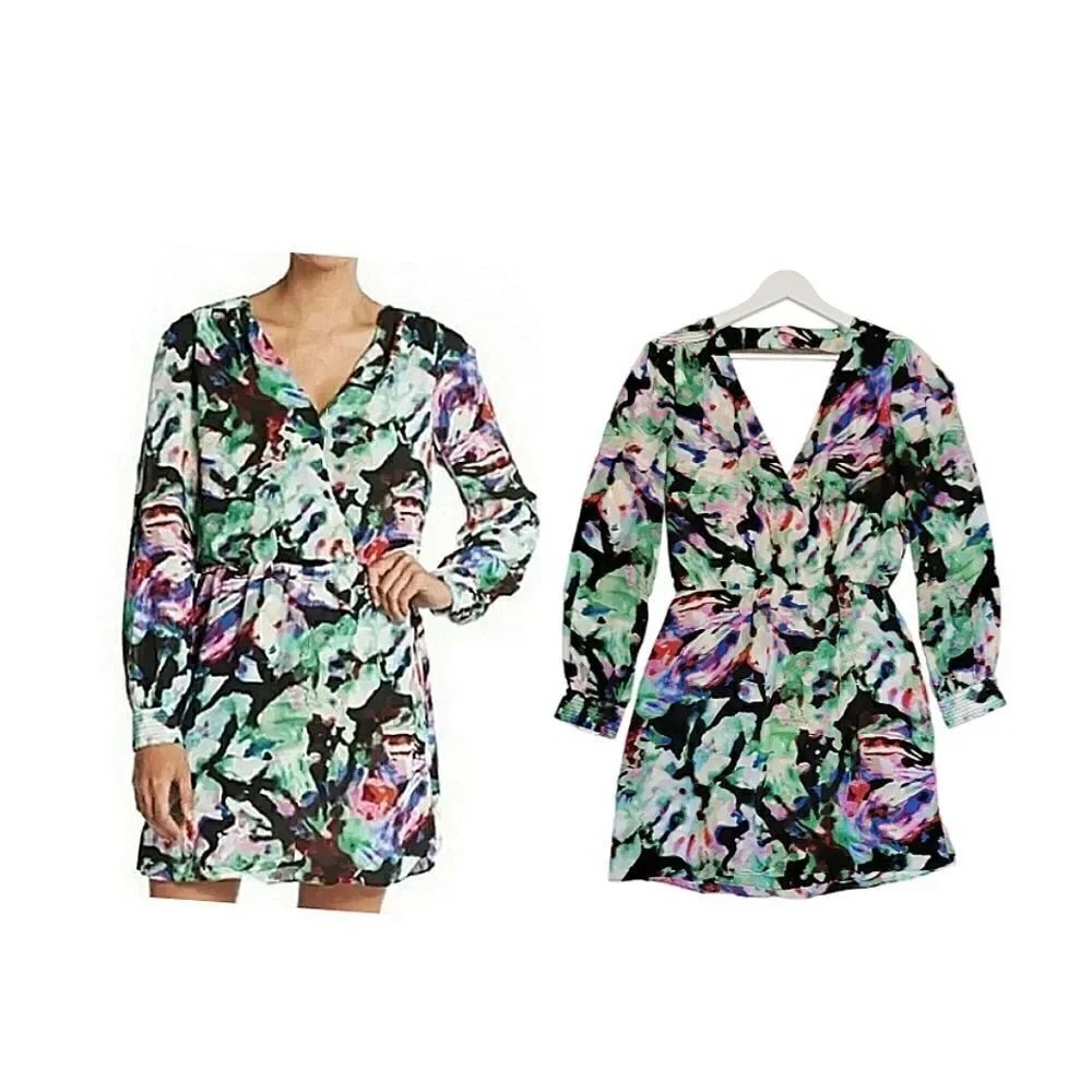 Parker Lila Surplice Night Garden Floral Faux Wrap Long Sleeve Mini Dress M